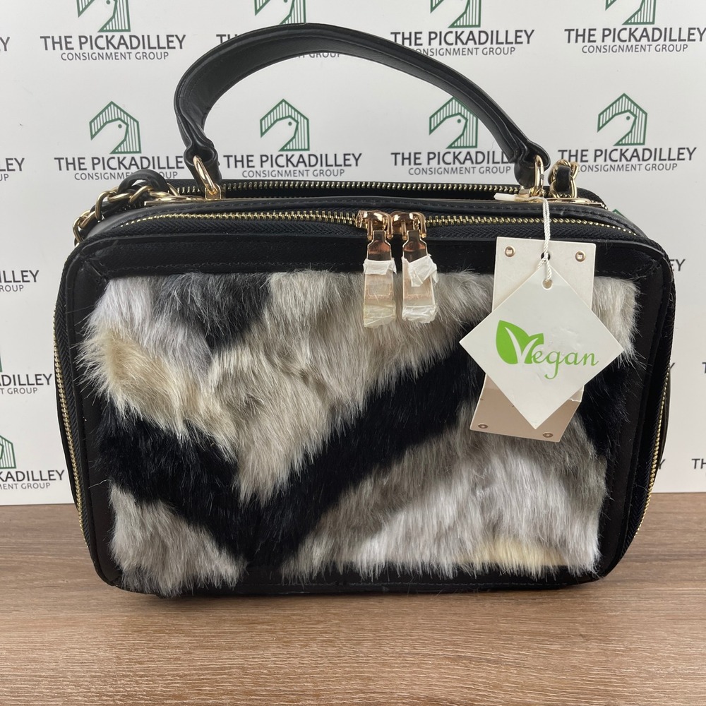 Le Miel Vegan Fur Patchwork Black Crossbody Handbag Shoulder Bag Gold Chain